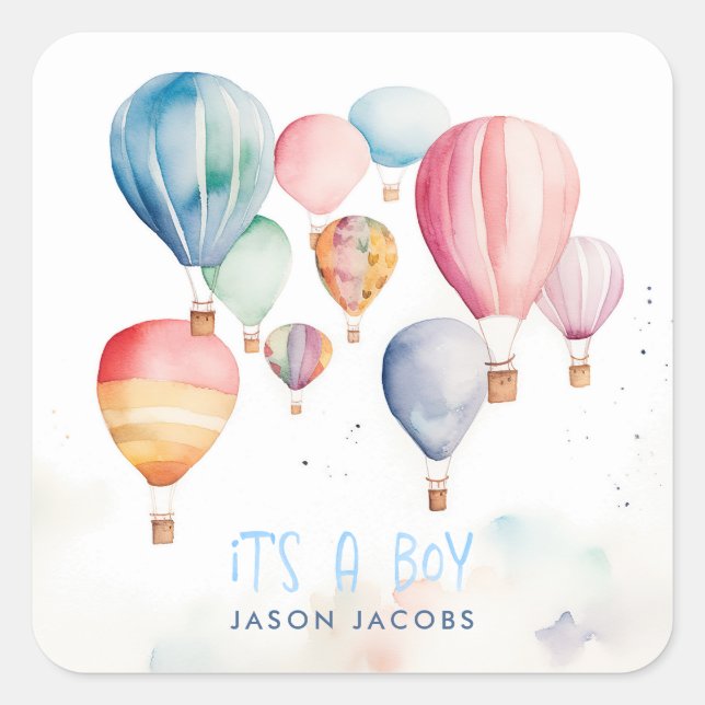 Flying hot air ballons its a boy paper fun square sticker (Front)