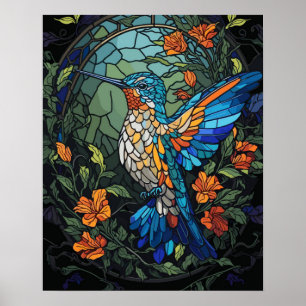 Flying Humming Bird Colorful Stained Glass Poster