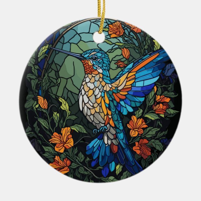 Flying Humming Bird Colourful Stained Glass Ceramic Ornament (Front)