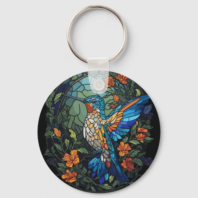 Flying Humming Bird Colourful Stained Glass Keychain (Front)