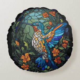 Flying Humming Bird Colourful Stained Glass Round Pillow