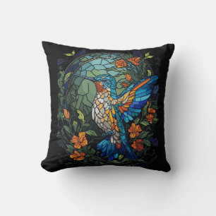 Flying Humming Bird Colourful Stained Glass Throw Pillow