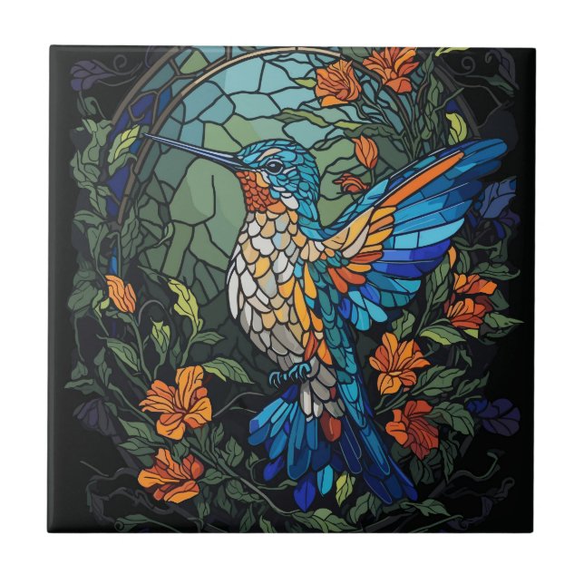 Flying Humming Bird Colourful Stained Glass Tile (Front)
