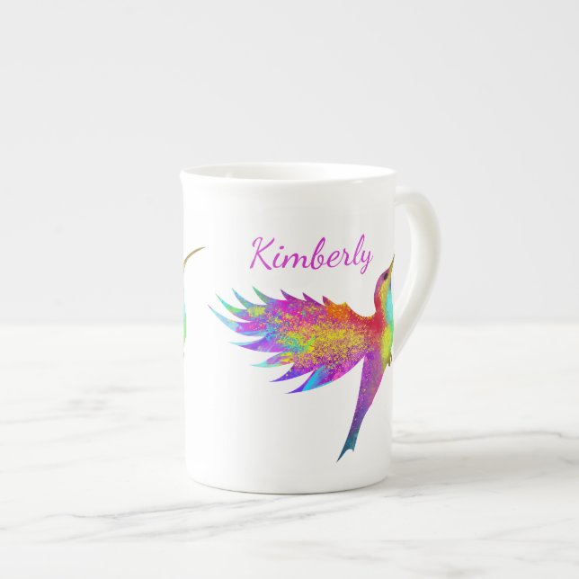 Flying Hummingbird Custom Name Bone China Mug (Front Right)
