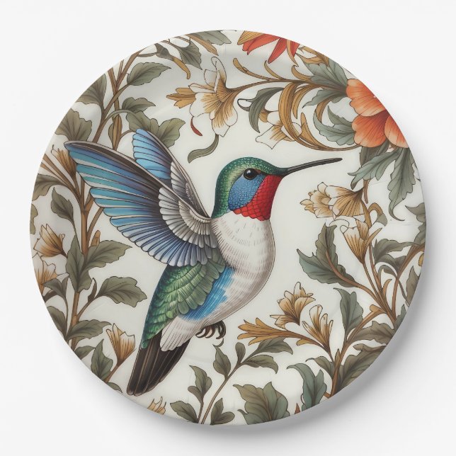 Flying Hummingbird William Morris Inspired Paper Plate (Front)