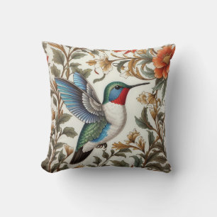 Flying Hummingbird William Morris Inspired Throw Pillow