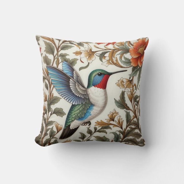 Flying Hummingbird William Morris Inspired Throw Pillow (Front)