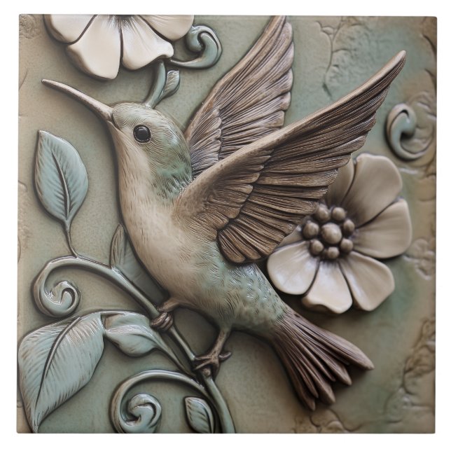 Flying Hummingbird with Flowers Faux Relief  Tile (Front)