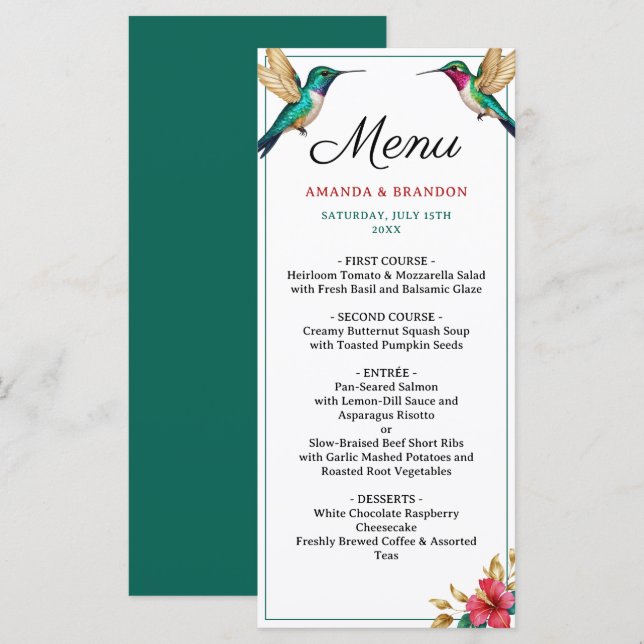 Flying Hummingbirds Red Tropical Flower Wedding Menu (Front/Back)