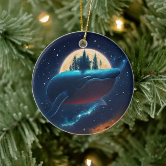 Flying Humpback Whale Moonlight Sea Starry Forests Ceramic Ornament