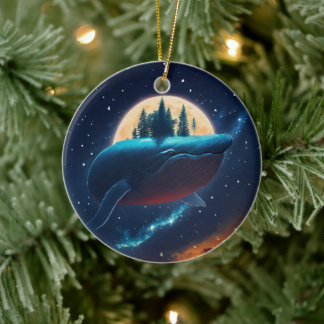 Flying Humpback Whale Moonlight Sea Starry Forests Ceramic Ornament