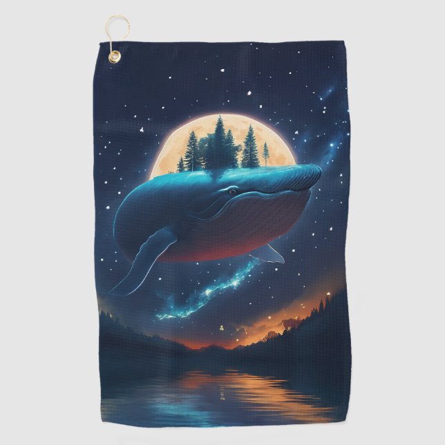 Flying Humpback Whale Moonlight Sea Starry Forests Golf Towel (Front)