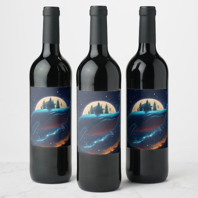 Flying Humpback Whale Moonlight Sea Starry Forests Wine Label (Bottles)