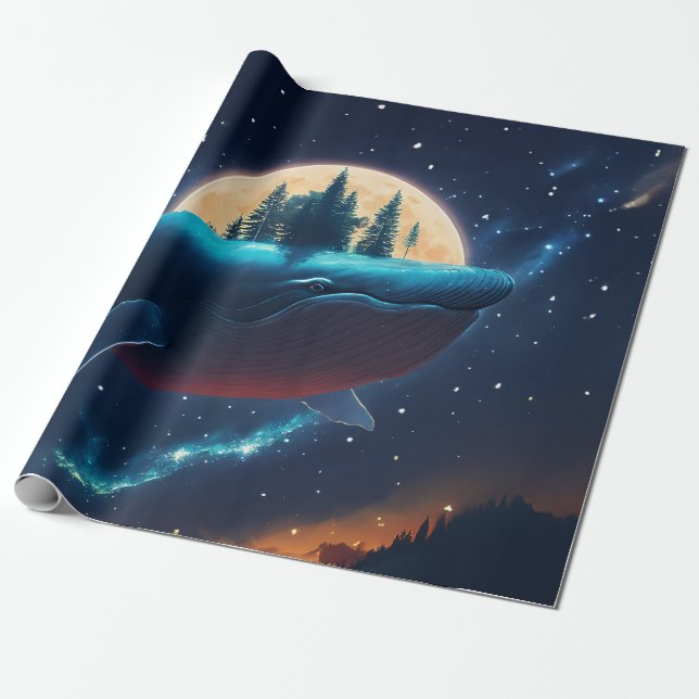 Flying Humpback Whale Moonlight Sea Starry Forests Wrapping Paper (Unrolled)