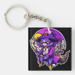 Flying Kitty Cat Witch Illustration Keychain