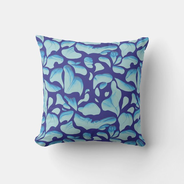 Flying Leaves | Blue Leaf Pattern Throw Pillow (Front)