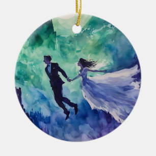 Flying Lovers - Watercolor Painting Ceramic Ornament