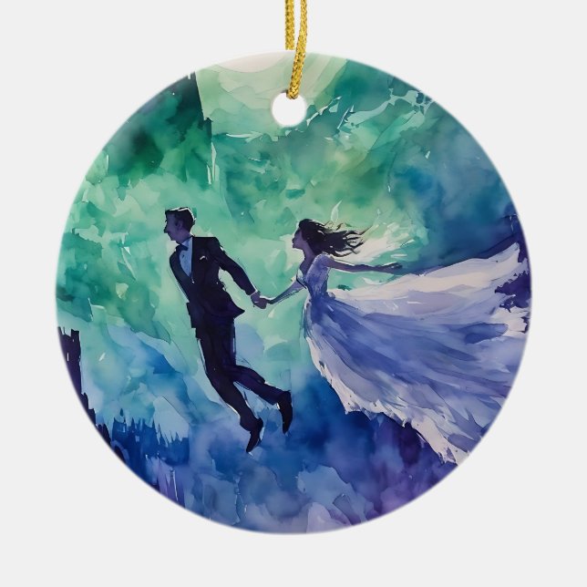 Flying Lovers - Watercolor Painting Ceramic Ornament (Front)