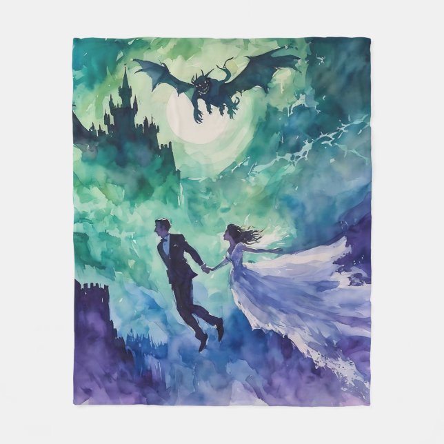Flying Lovers - Watercolor Painting Fleece Blanket (Front)