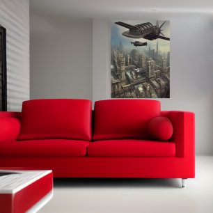 Flying machine over a Dieselpunk ci  AI Art Poster