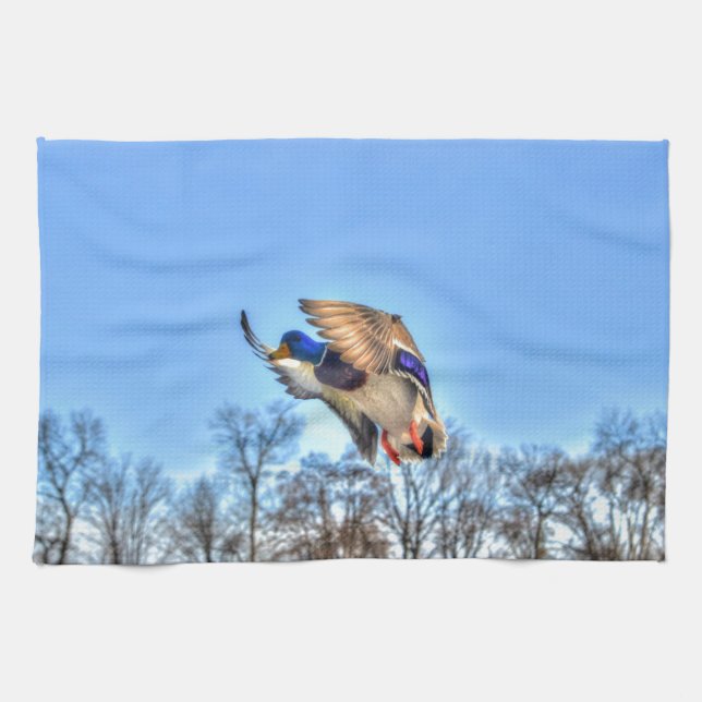 Flying Mallard Duck Drake Wildlife Photo Kitchen Towel (Horizontal)