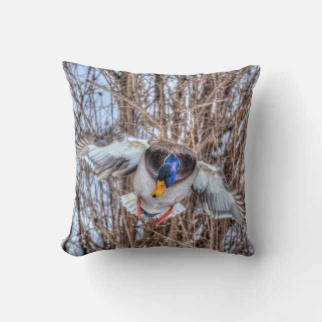 Flying Mallard Duck Drake Wildlife Photo Throw Pillow (Front)