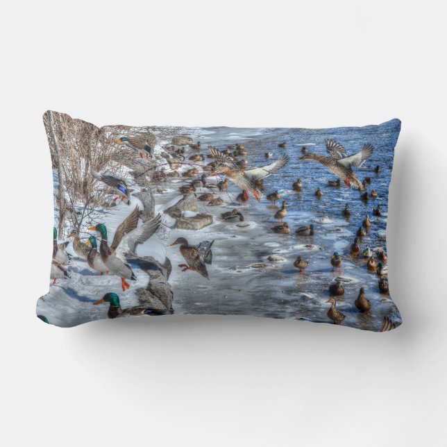 Flying Mallard Ducks & Drake Wildlife Photo Lumbar Pillow (Front)