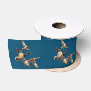 Flying Mallard Ducks On Blue Satin Ribbon
