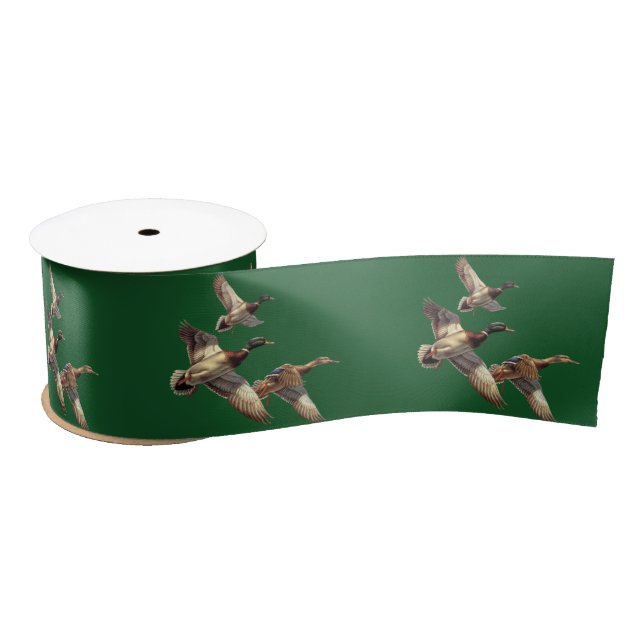 Flying Mallard Ducks On Green Satin Ribbon (Spool)