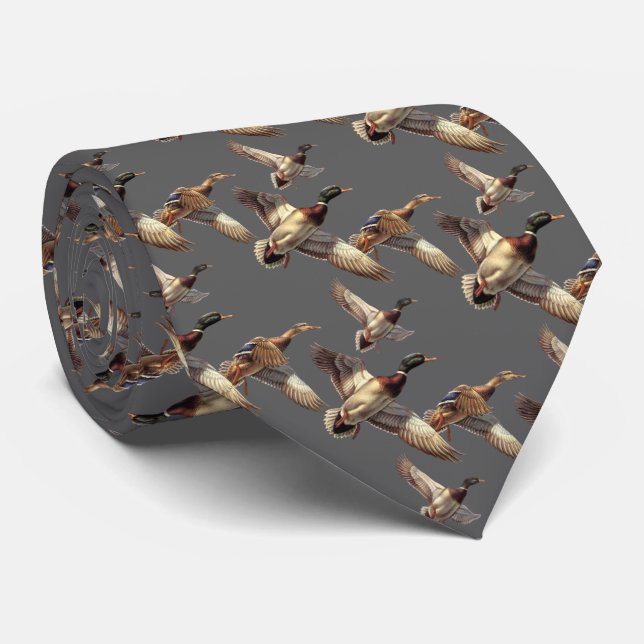 Flying Mallard Ducks On Grey Tie (Rolled)