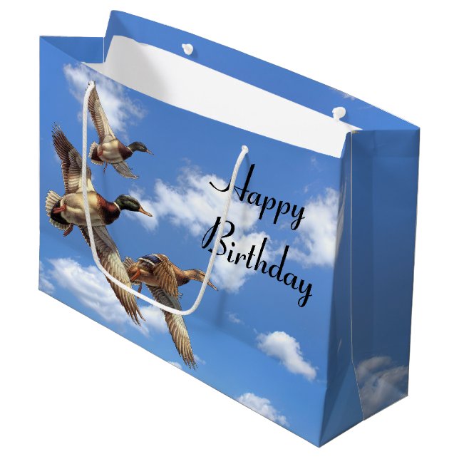 Flying Mallard Ducks With Clouds for Birthday Large Gift Bag (Front Angled)