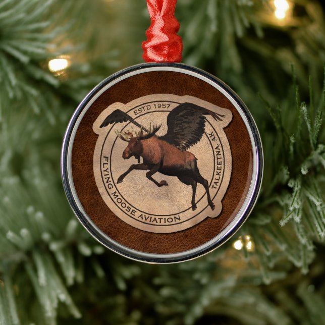 Flying Moose Aviation Patch Metal Ornament (Tree)
