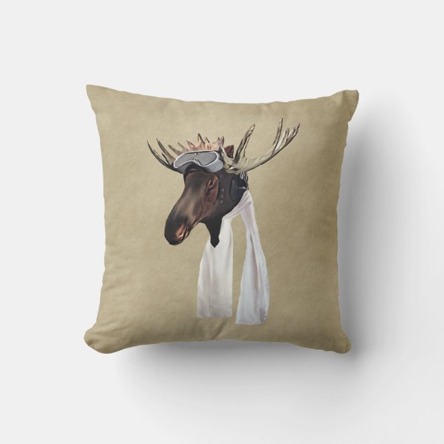 Flying Moose Aviation Pilot On Old Paper Throw Pillow (Front)