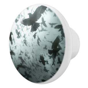 Flying Murder Flock of  Crows, Ravens Ceramic Knob