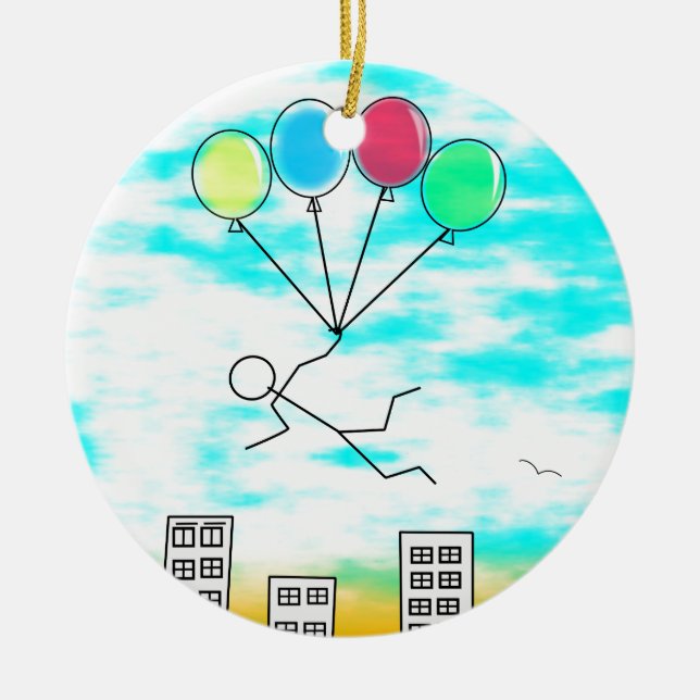 Flying Over The City With Balloons Ceramic Ornament (Front)