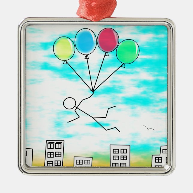 Flying Over The City With Balloons Metal Ornament (Front)