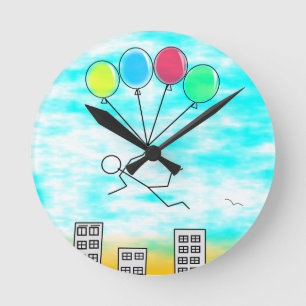 Flying Over The City With Balloons Round Clock