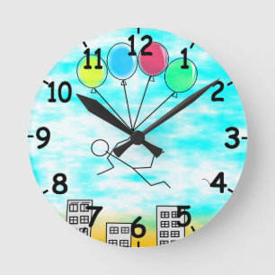Flying Over The City With Balloons Round Clock