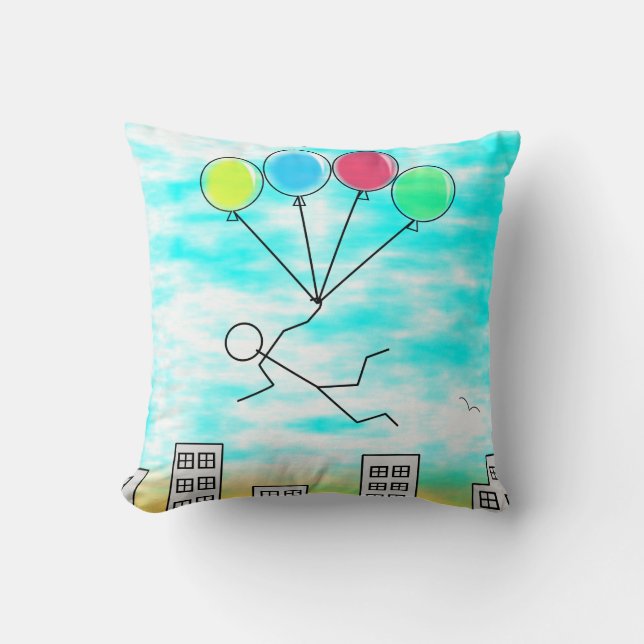 Flying Over The City with Balloons Throw Pillow (Front)
