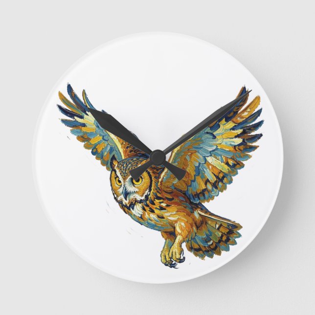Flying Owl Abstract Colorful Brushstroke Art Round Clock (Front)