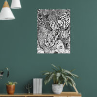 Flying owl woodland poster, black and white nature