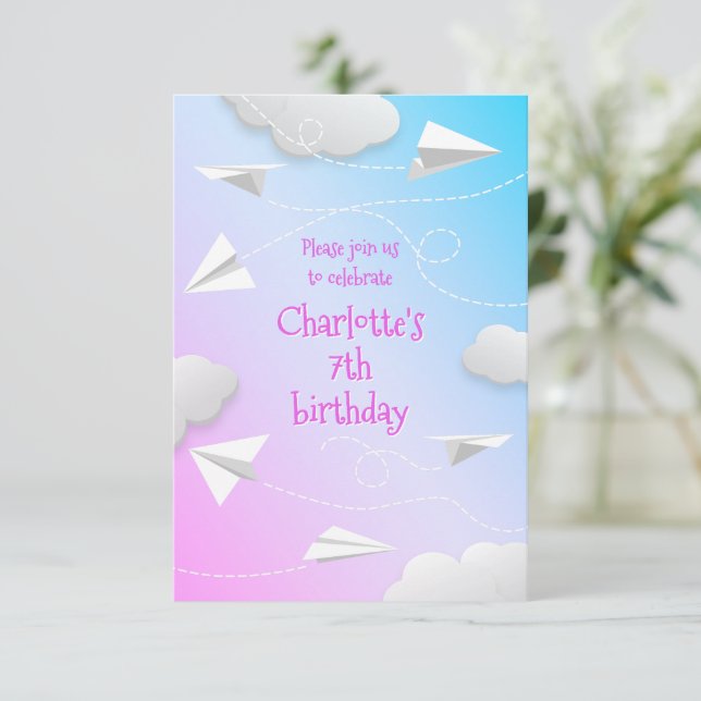 flying paper airplanes girls pink blue birthday announcement (Standing Front)