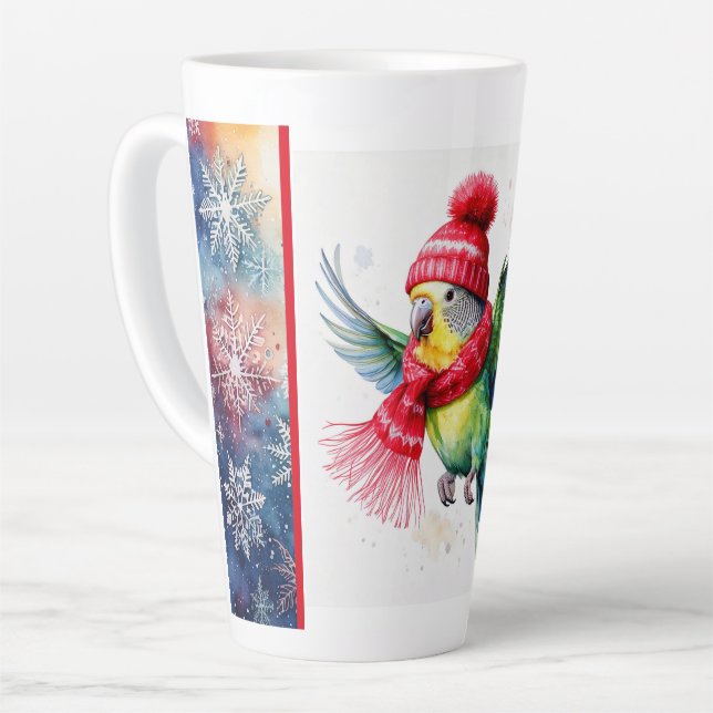 Flying Parakeet in Winter Hat and Scarf Latte Mug (Left Angle)