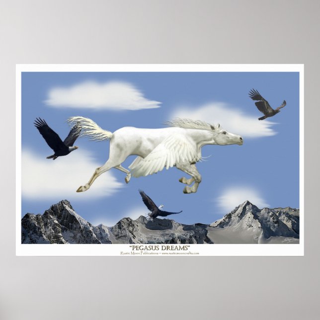 Flying Pegasus in the Eagle Mountains Fantasy Art Poster (Front)