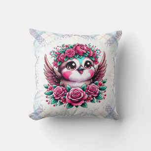 Flying Penguin with Pink Roses Throw Pillow