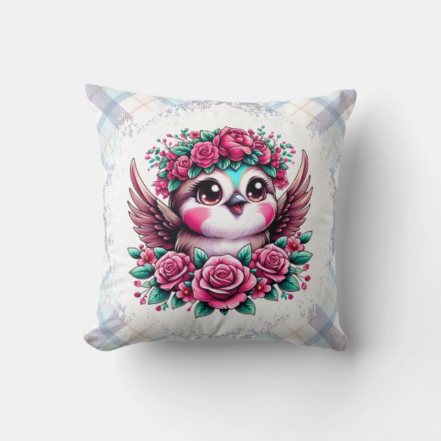 Flying Penguin with Pink Roses Throw Pillow (Front)