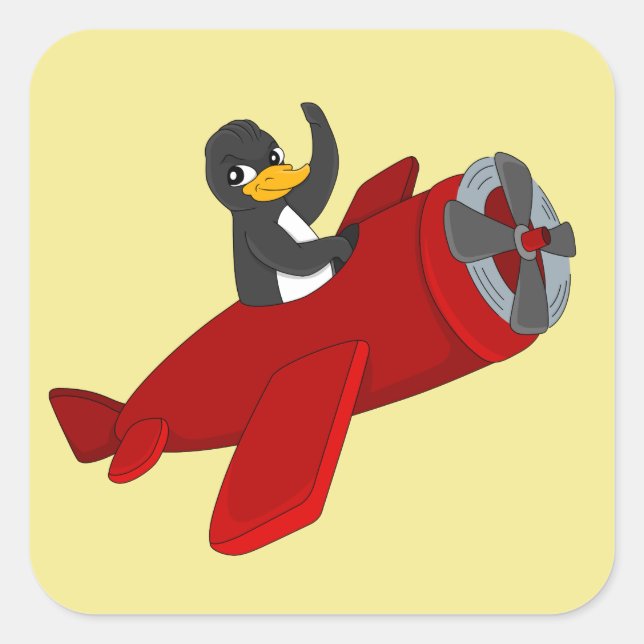 Flying penguing cartoon square sticker (Front)