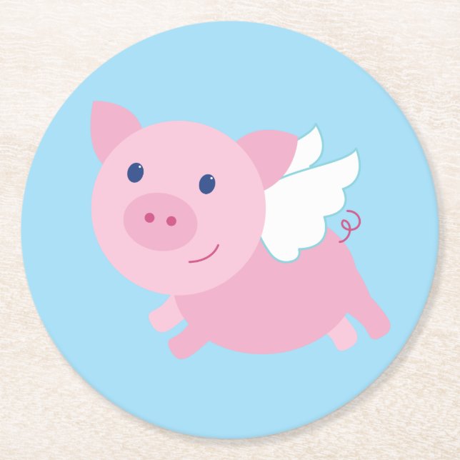 Flying Pig Birthday Party Round Paper Coaster (Front)