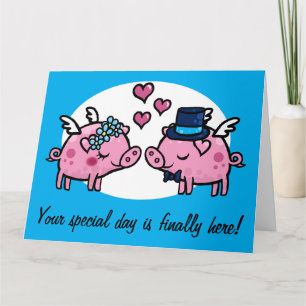 Flying Pig Bride and Groom customisable Greeting C Card