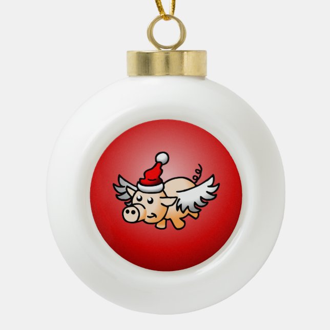 Flying Pig Christmas Ceramic Ball Ornament (Front)